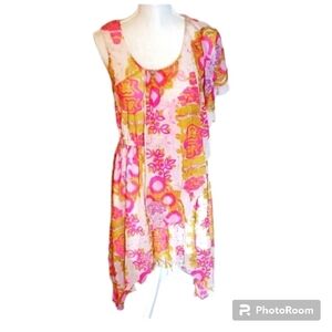BCBGMAXAZRIA neon abstract floral asymmetrical ruffles summer midi dress